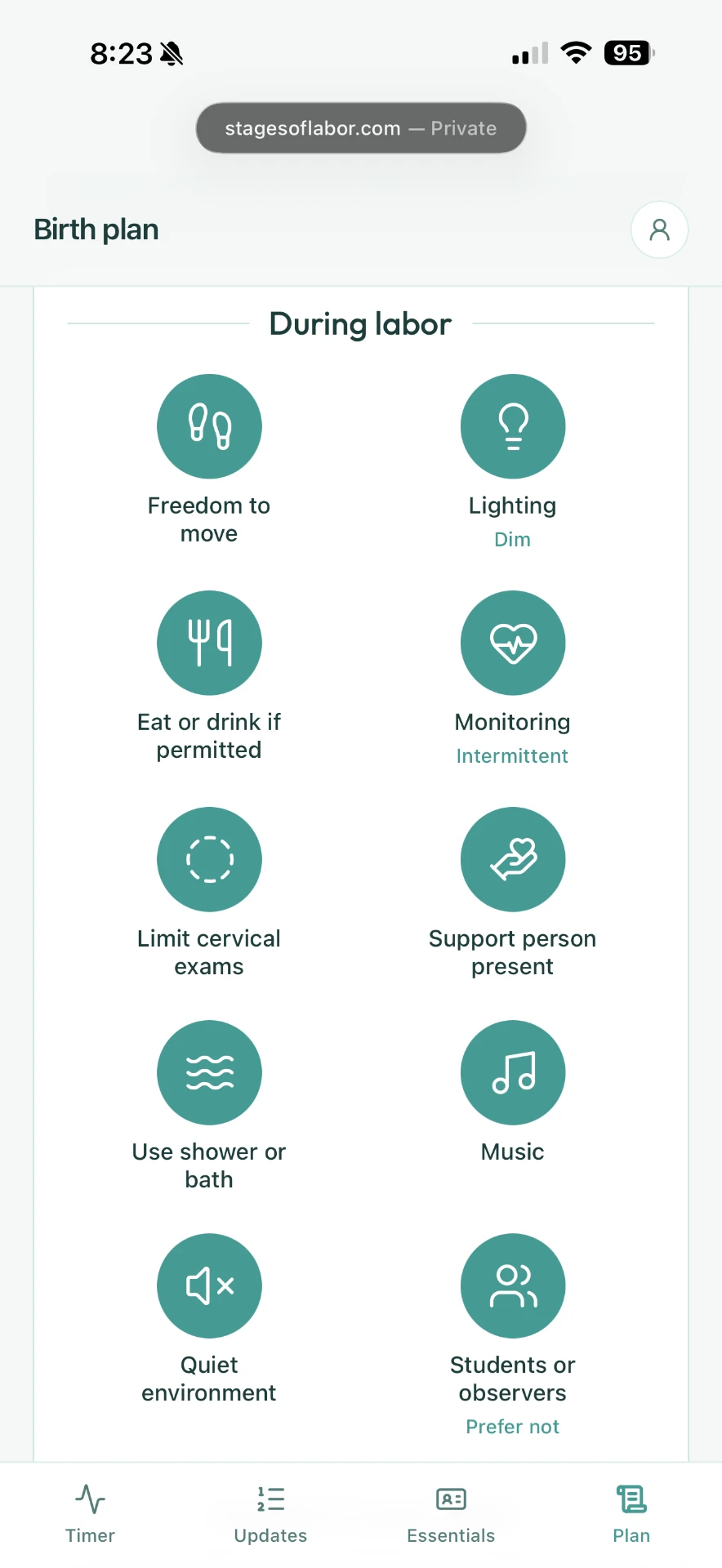 Visual birth plan in the app